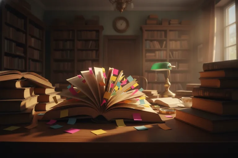 A stack of books with one heavily tabbed and worn, on a wooden table cluttered with colored sticky notes, under warm lighting.