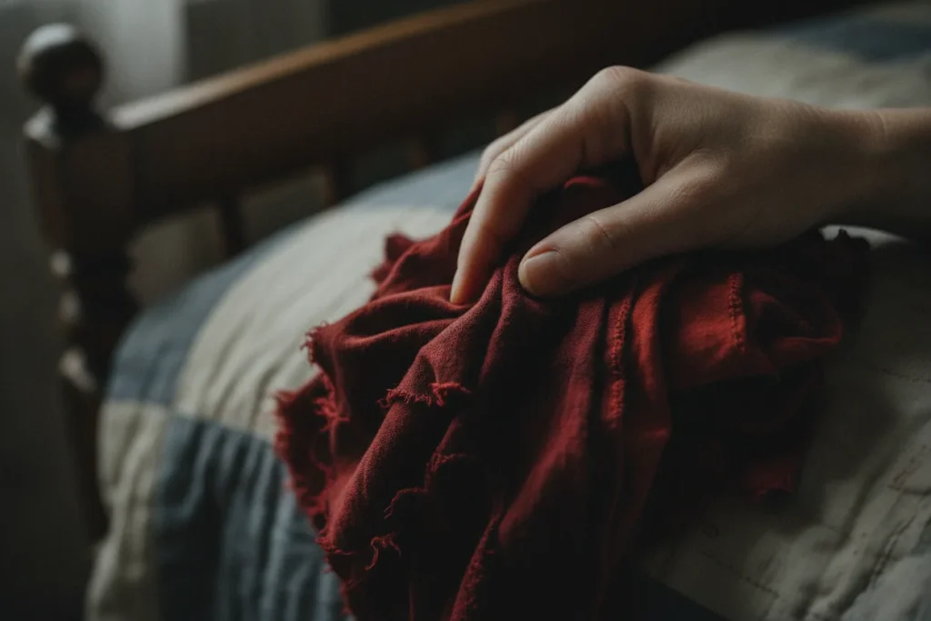 Close-up of a woman's hand holding blood-stained rags in a dimly lit room with a wooden bedframe visible in the background.