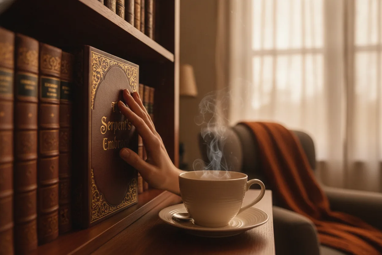 Close-up of fingers touching a romantasy book spine next to a cup of tea in a cozy study.