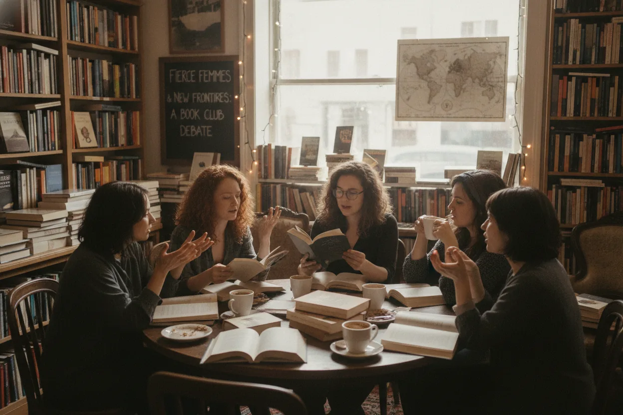 A group of women sit in a bookstore surrounded by books and coffee cups, passionately discussing something.