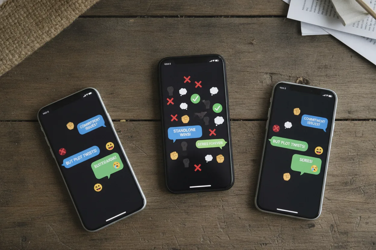 Multiple smartphones on a table, screens displaying a group chat with debate emojis and text.