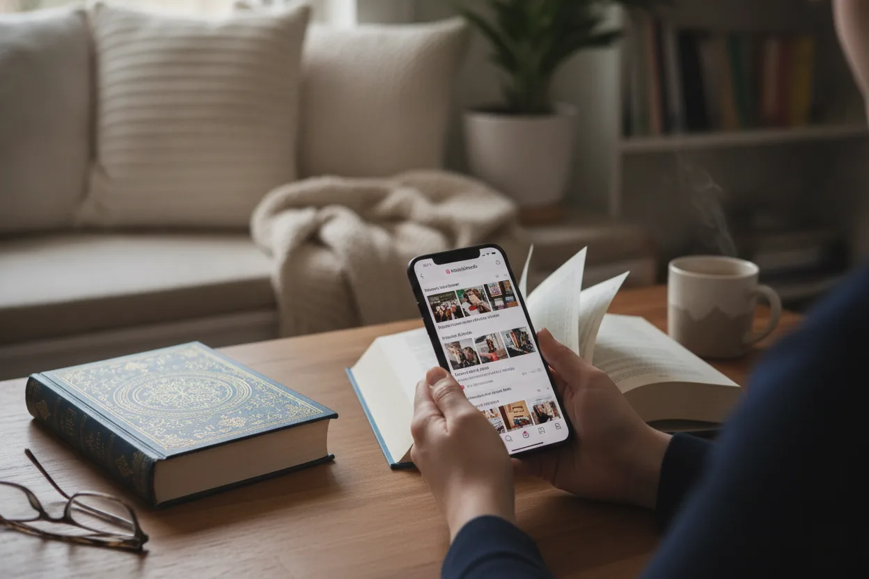 Hands holding a smartphone showing a BookTok video next to a hardcover book on a table, with a reading nook in the background.
