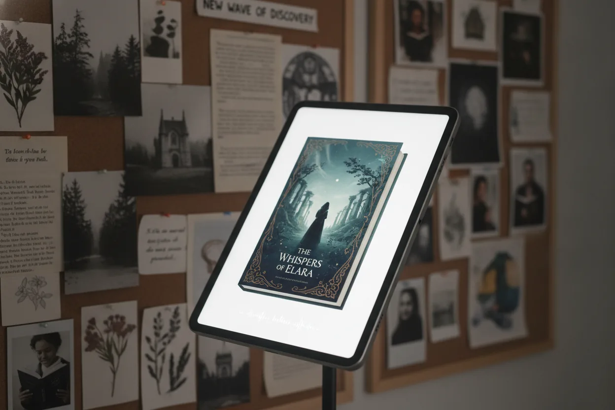 Medium shot at a tilted angle showing a smartphone with a BookTok video playing over a mood board in the background.