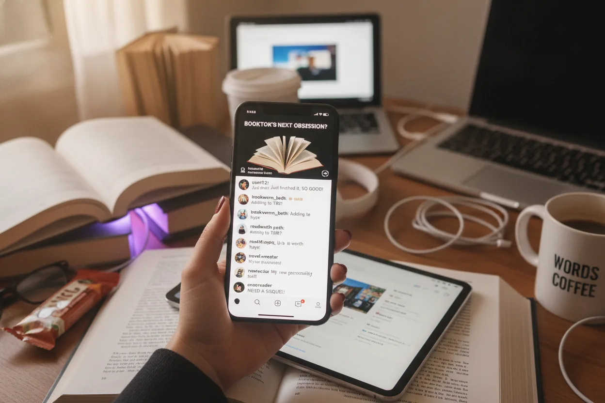 A close-up of a hand holding a phone showing a TikTok thread amidst an array of books and gadgets.