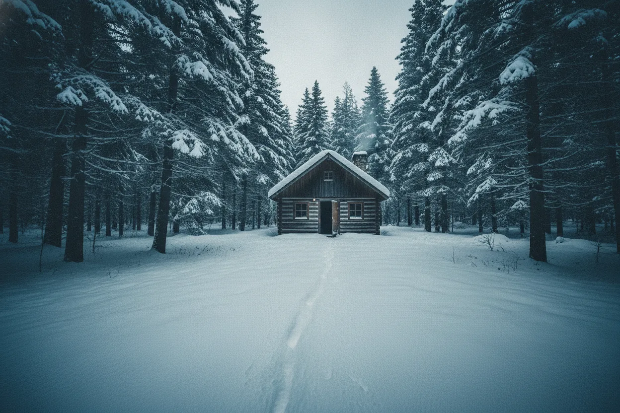 Snow-covered cabin in a forest with a trail of footsteps leading to the door.