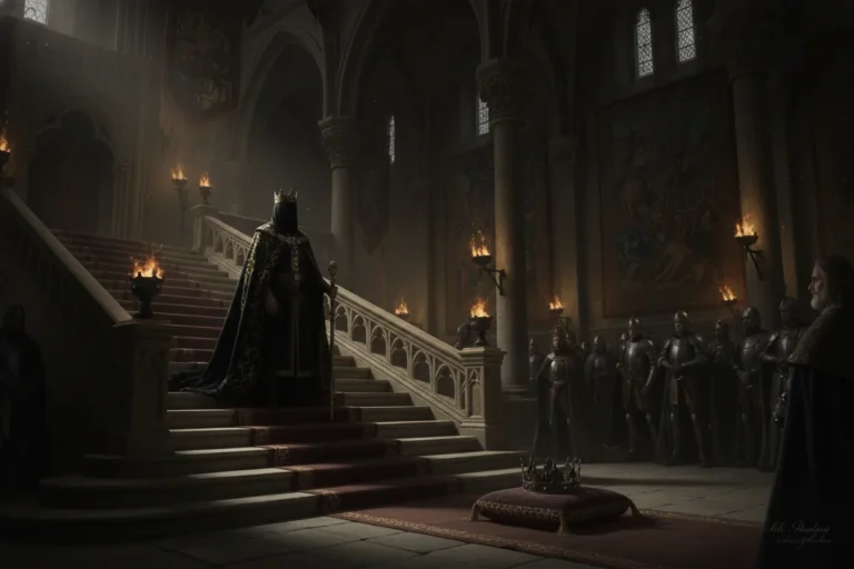 A regal figure in a dark cloak stands on a grand staircase in a medieval hall with gothic tapestries and torches.