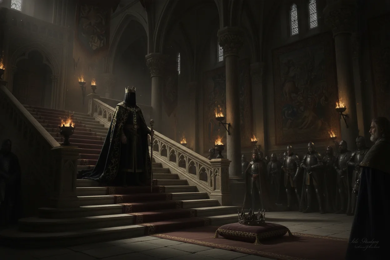 A regal figure in a dark cloak stands on a grand staircase in a medieval hall with gothic tapestries and torches.