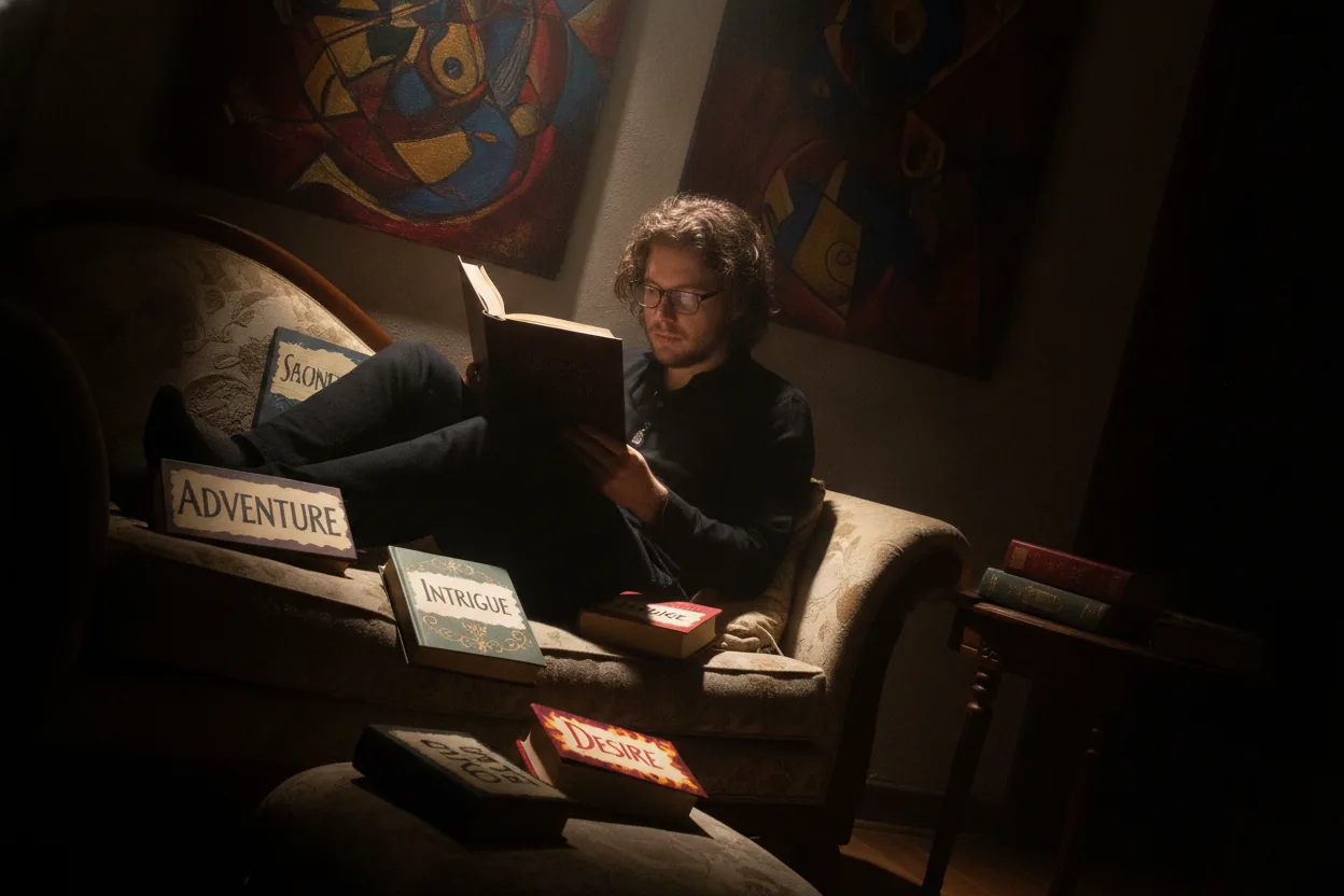 Person reading on a chaise lounge with various books labeled with themes like Adventure and Desire.