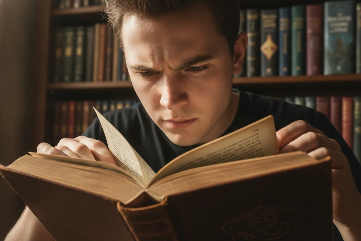 Close-up of a person intensely reading a book, with their eyes and hands in focus, surrounded by blurred bookshelves.