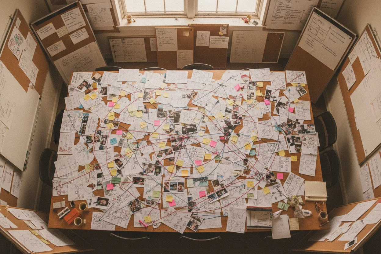 An overhead view of a table cluttered with printouts, sticky notes, and relationship maps connected by strings, under bright lighting.