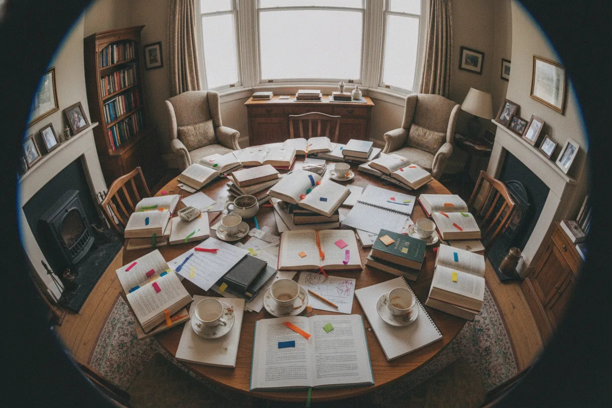 A round table cluttered with books, teacups, and notebooks in a study room.