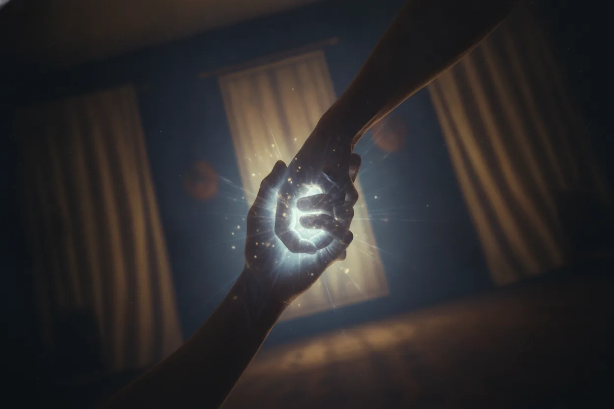 Dutch tilt medium shot of two intertwined hands with a faint magical glow in a dimly lit, blurred room.