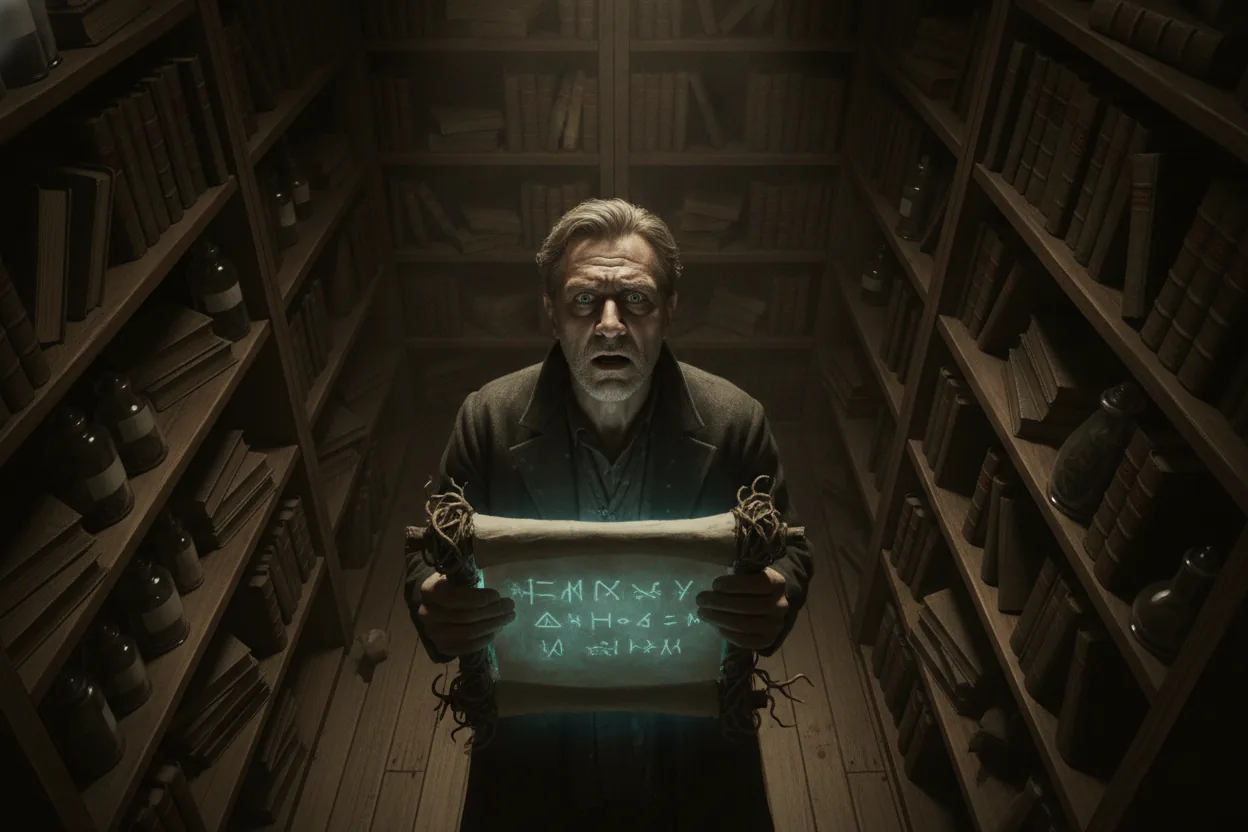 A character in a dim room reading a scroll with a conflicted expression, surrounded by shadows and shelves.