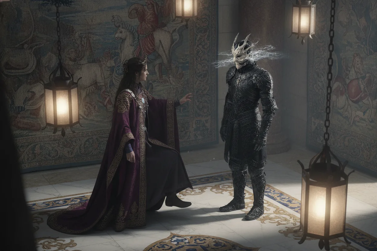 Two individuals in a lavish court, one pausing while the other stands rigid with a mask slightly askew.