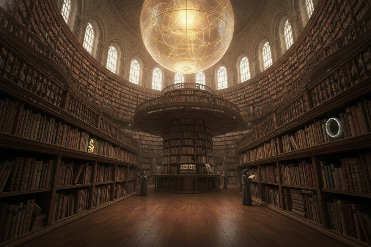 A large library with shelves of fantasy books and a glowing globe centerpiece.