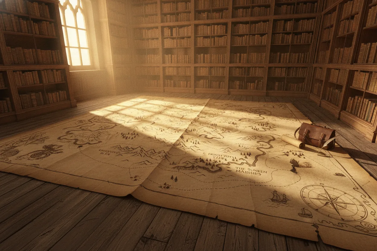 A detailed hand-drawn map on a wooden floor with sunlight and shadows.