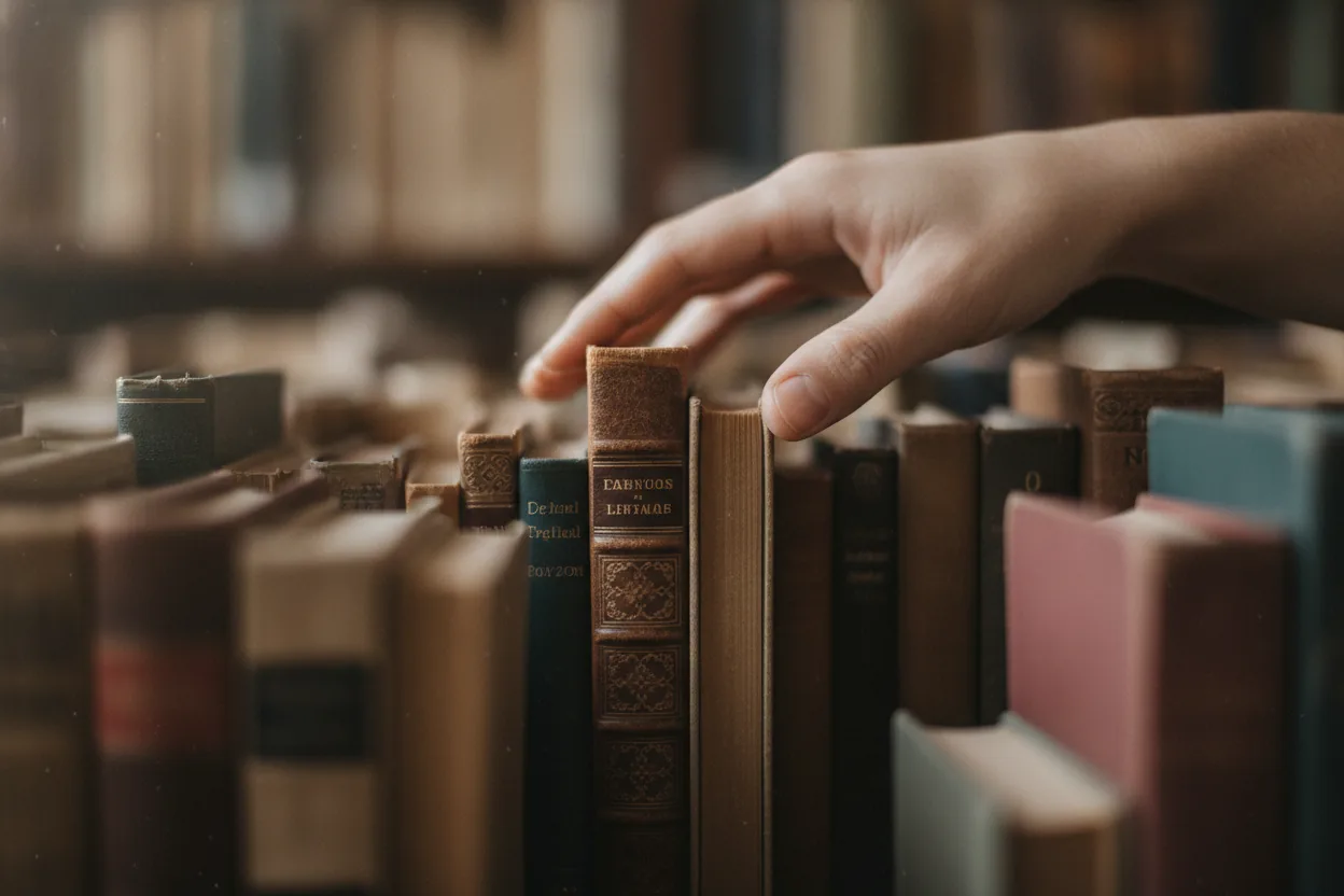 A close-up of a hand reaching for a book on a cluttered bookshelf, with blurred book spines in the foreground.