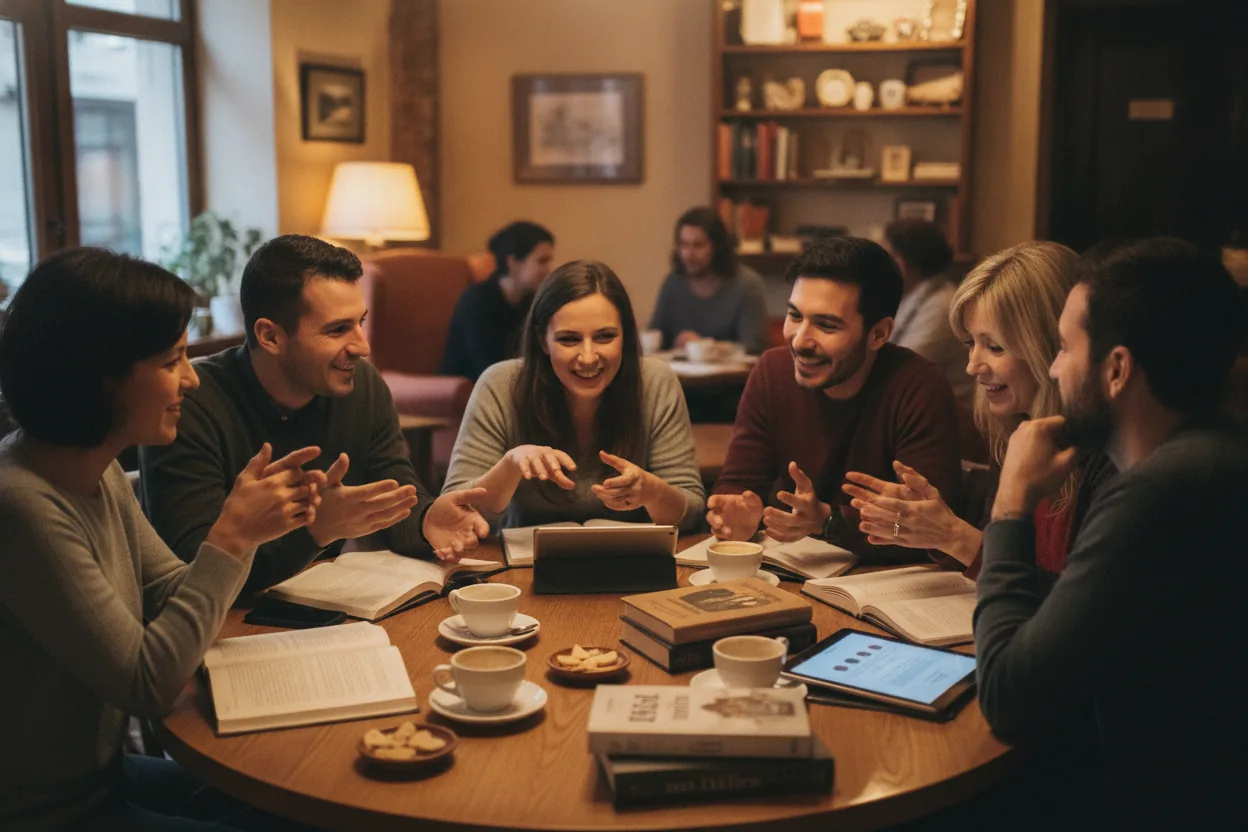 A group of diverse readers in a coffee shop engaging in animated discussion, books and tablets on the table.