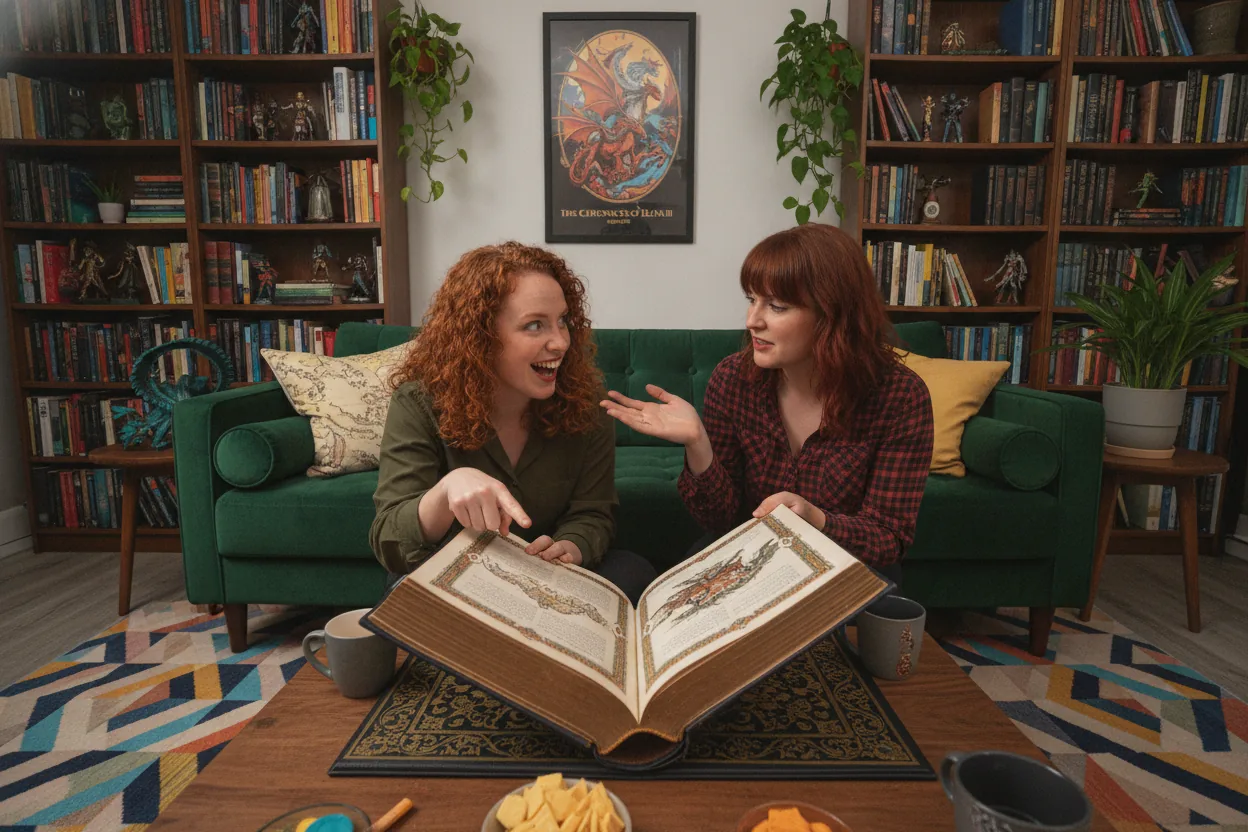 Two women energetically discussing a fantasy book in a living room with vibrant colors and filled bookshelves.