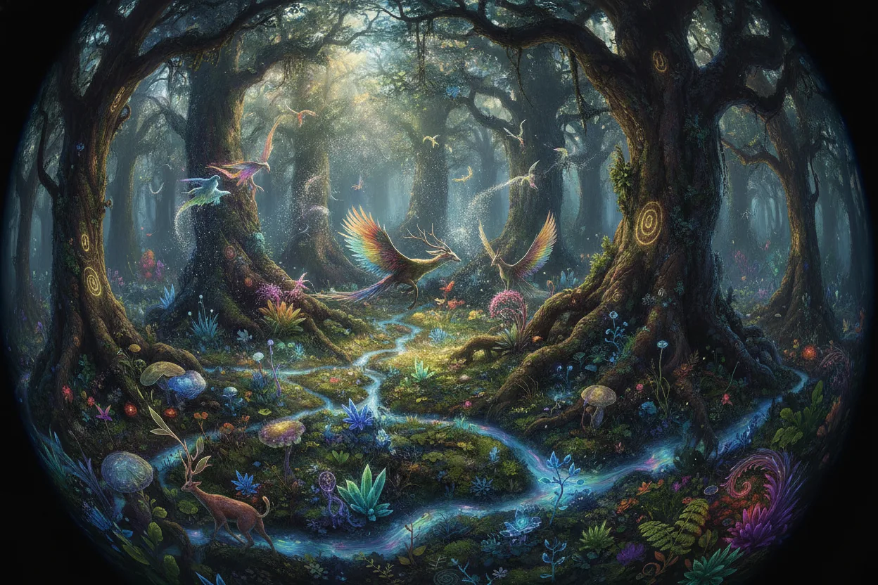A forest viewed from above with diverse plants and animals interacting, bathed in soft daylight.