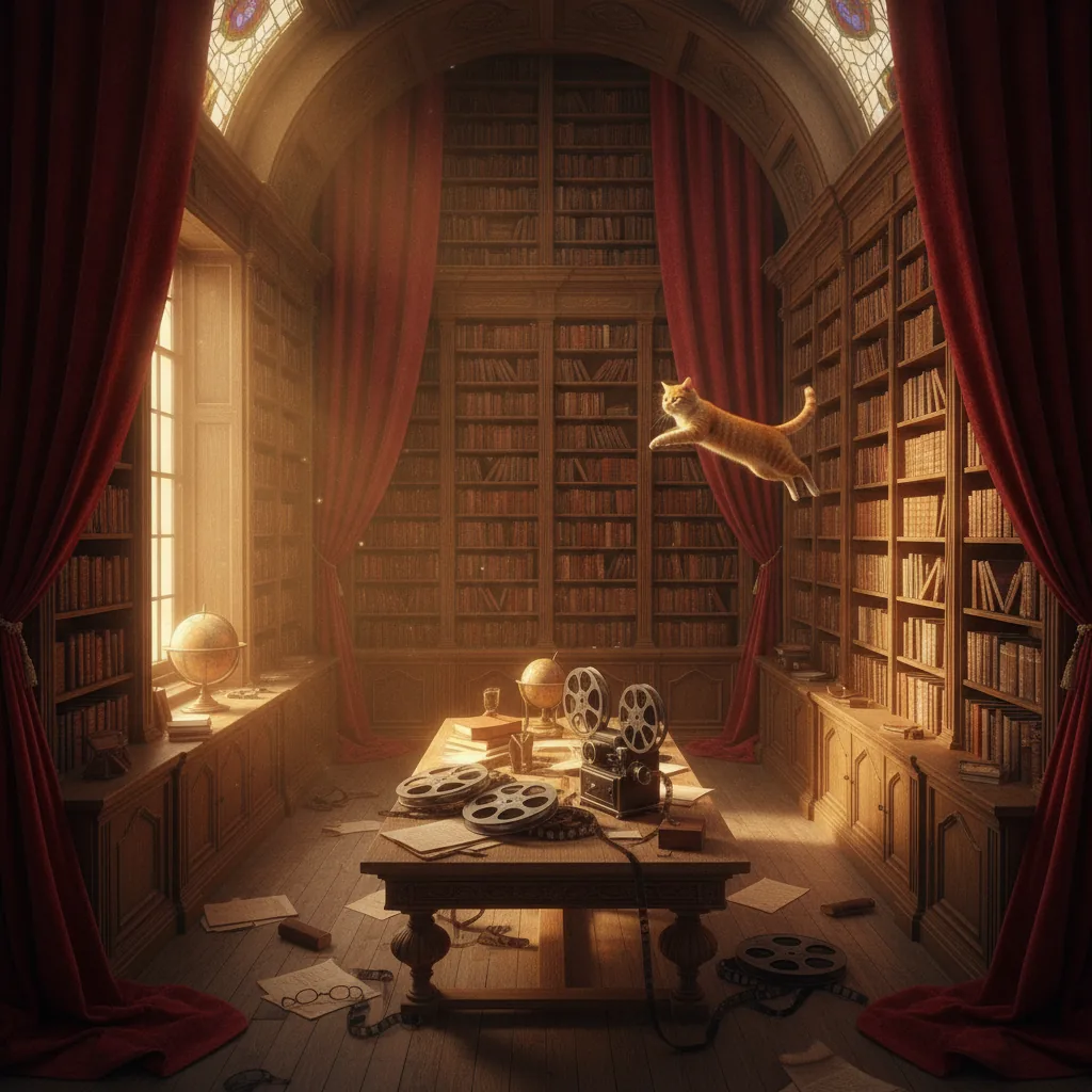 A library with high bookshelves, a tabby cat jumping from a bookcase, scattered film reels on a table, illuminated by warm golden hour light.