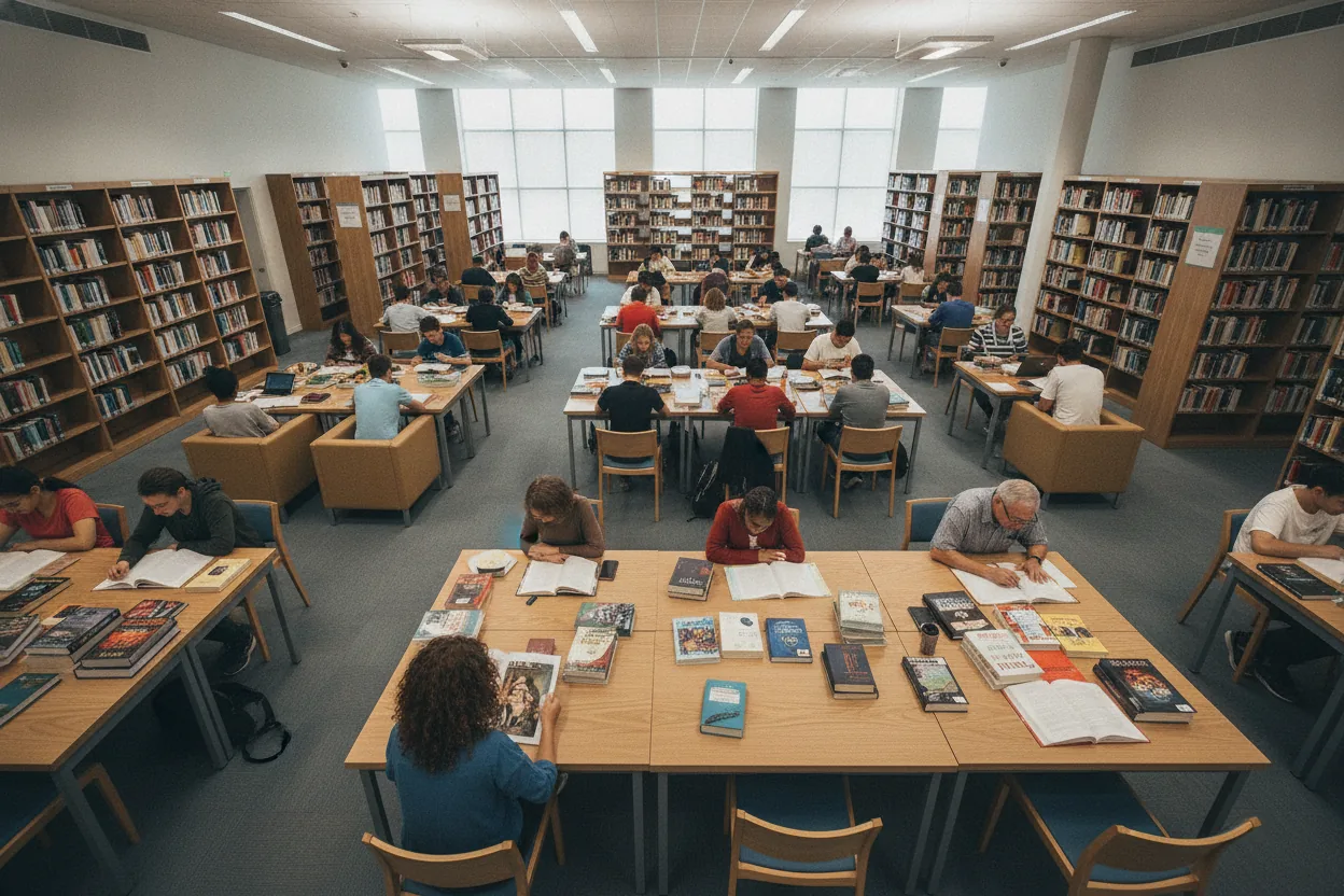 An overhead view of a group of people in a library, each reading different books with scattered reads on tables.