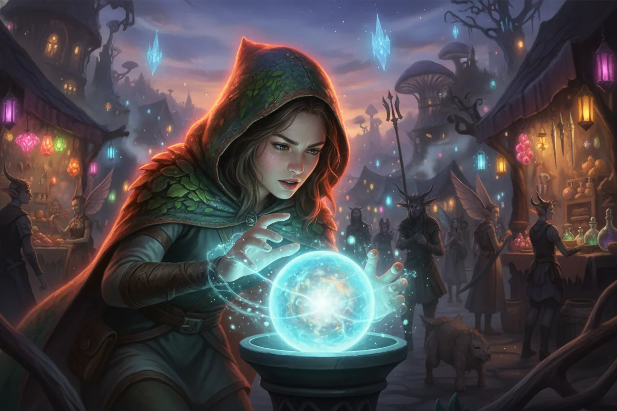 Elara intensely examining a glowing artifact in a fae marketplace, her fingers glowing blue-white, with colorful market stalls in the background.