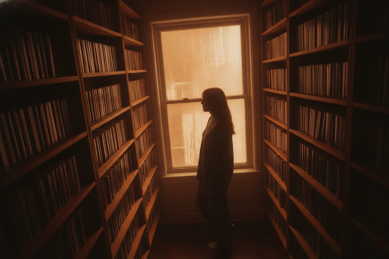 A lone figure looks through a rain-frosted window, with bookshelves filled with novels in the background.