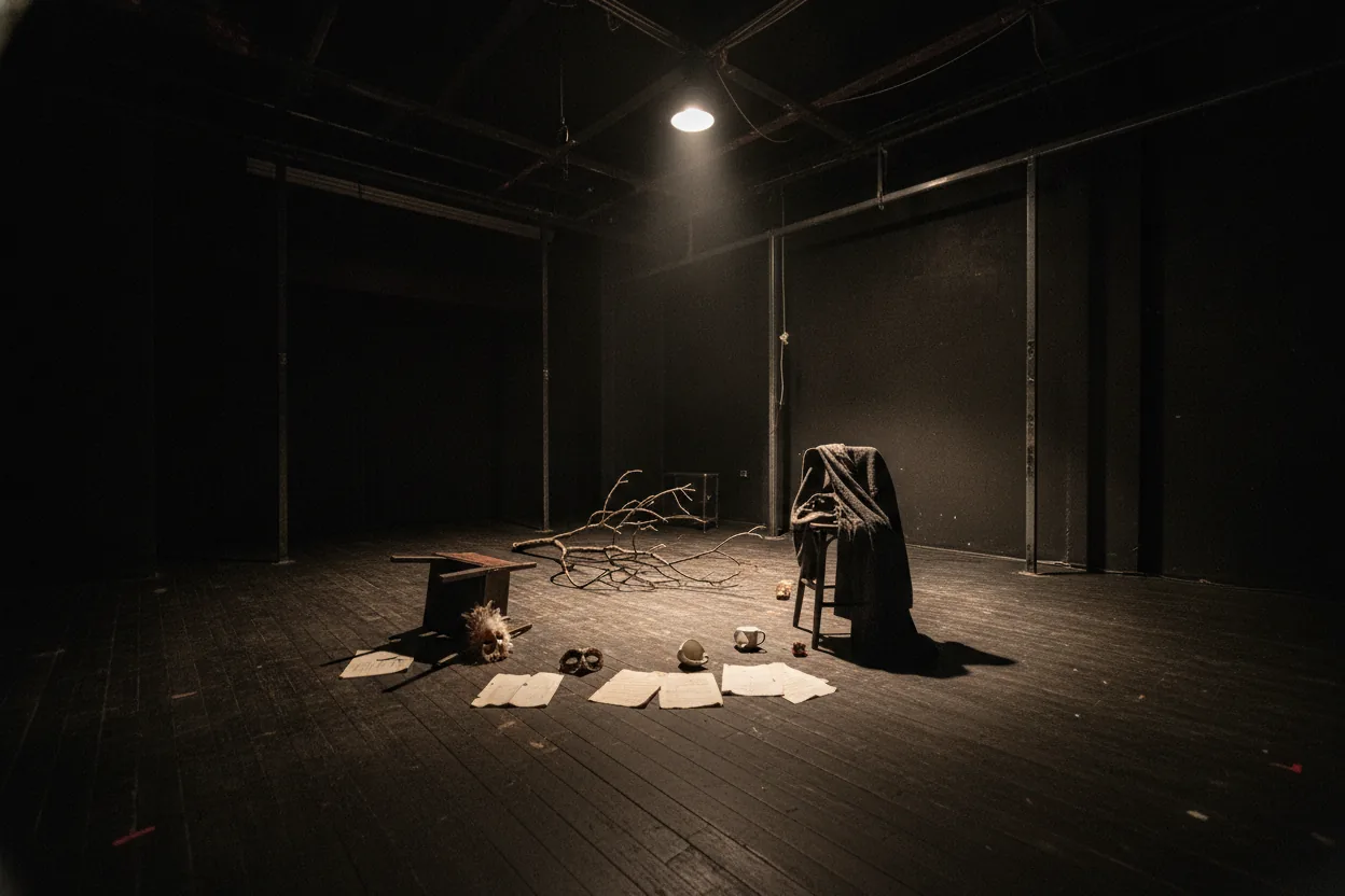An empty theater stage with scattered scripts and props, set in a dimly lit black box theater.
