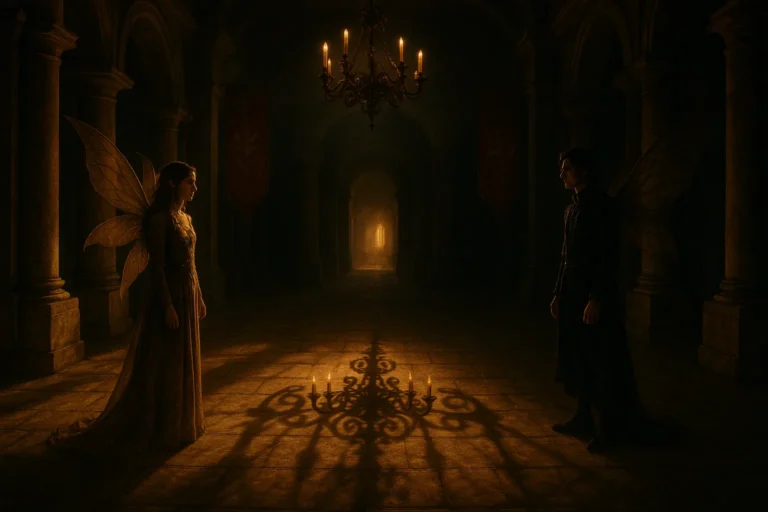 Two fae characters in a grand hall, separated by shadows, with banners overhead and a chandelier casting patterns.