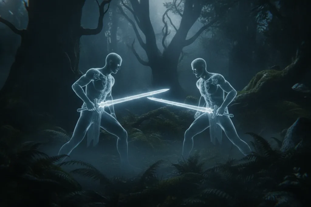 Two characters in a dense forest, both holding swords with tense expressions, surrounded by lush greenery.