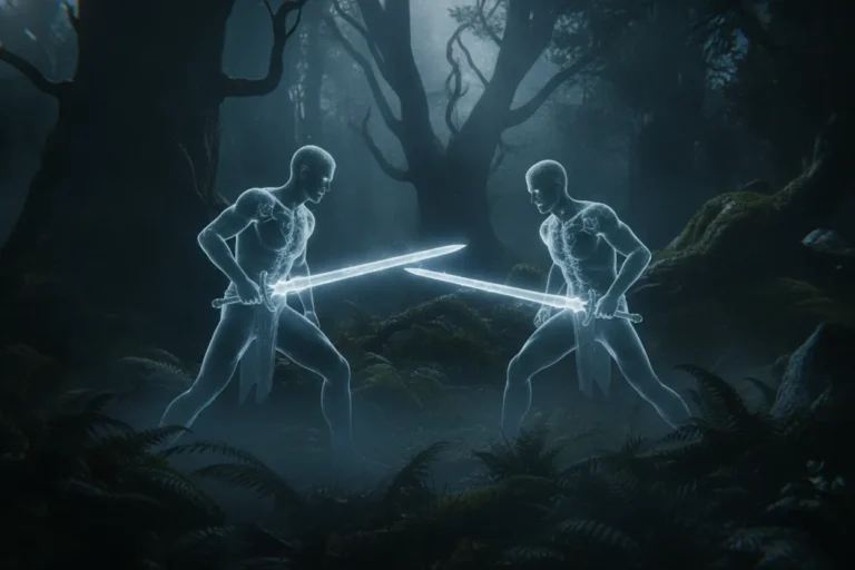 Two characters in a dense forest, both holding swords with tense expressions, surrounded by lush greenery.