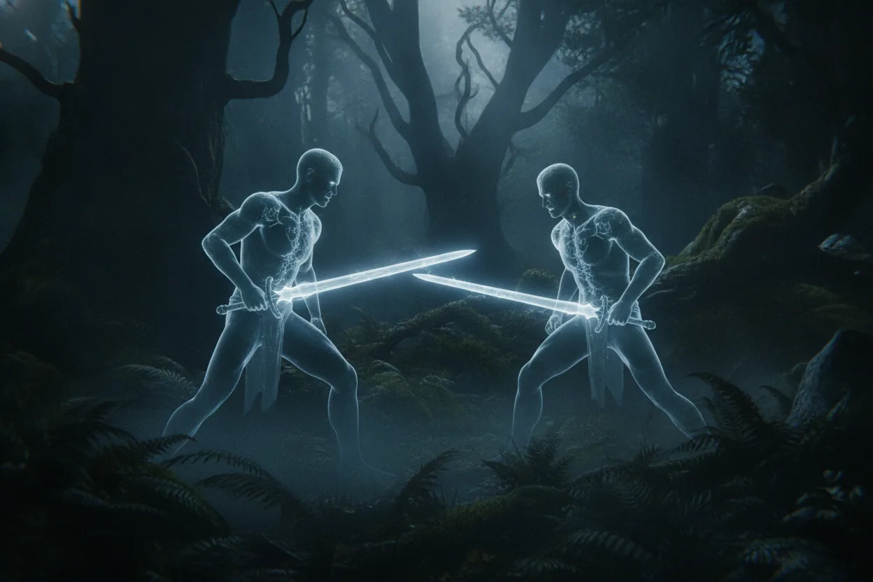 Two characters in a dense forest, both holding swords with tense expressions, surrounded by lush greenery.