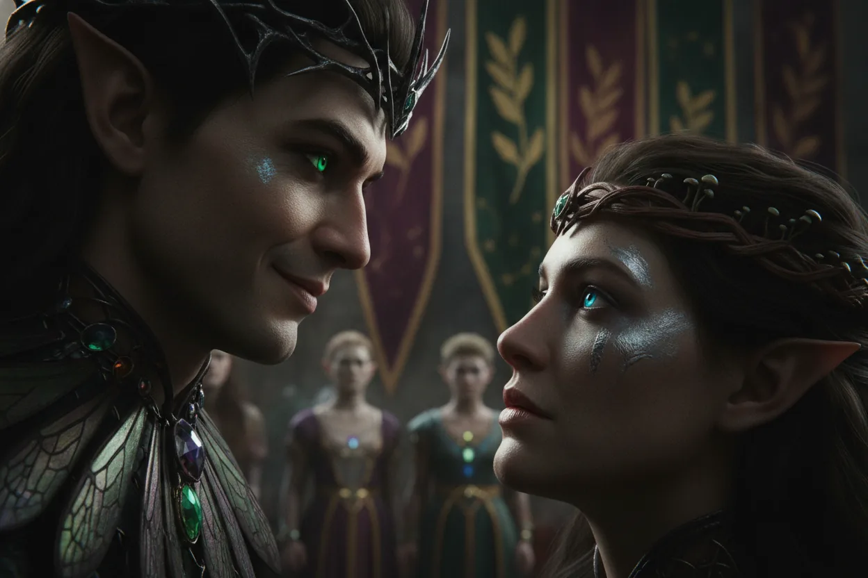 A close-up of two figures intensely staring at each other with a fae court in the background.