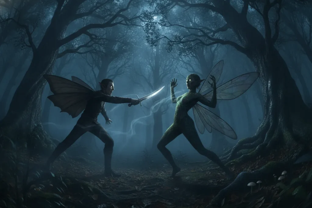 Two fae characters in a forest; one holds a knife, the other leans back looking alarmed.
