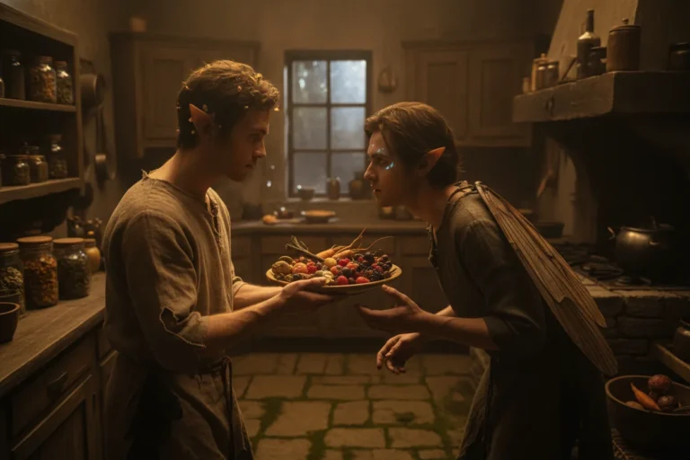 Two fae males in a small kitchen, with one handing a plate to the other. The kitchen is dimly lit with old cabinets.
