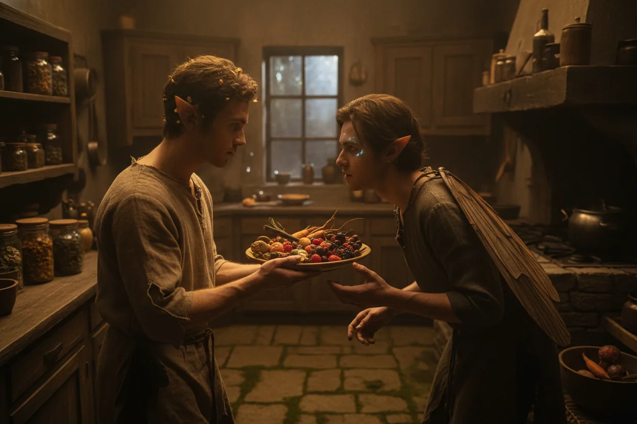 Two fae males in a small kitchen, with one handing a plate to the other. The kitchen is dimly lit with old cabinets.