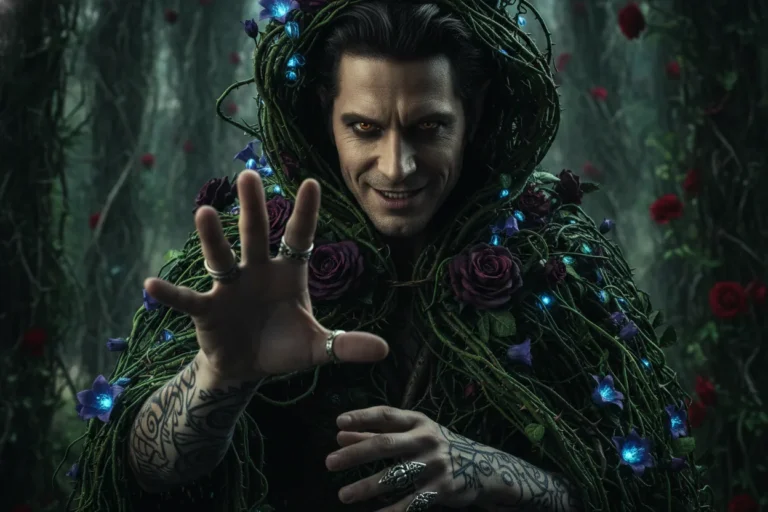 Close-up of a fae lord's tattooed hands reaching out, surrounded by a wall of thorns.