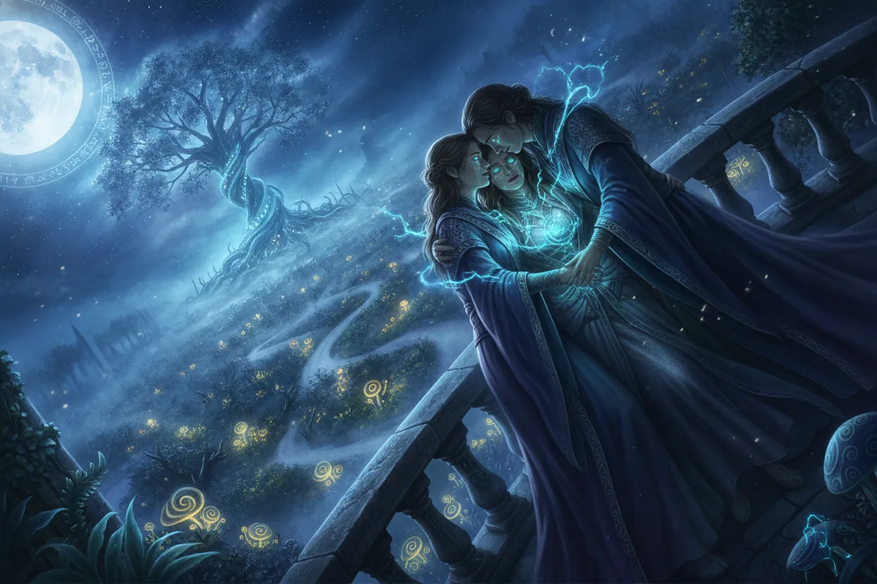 Three figures embrace on a balcony with glowing eyes, moonlit forest in the background.