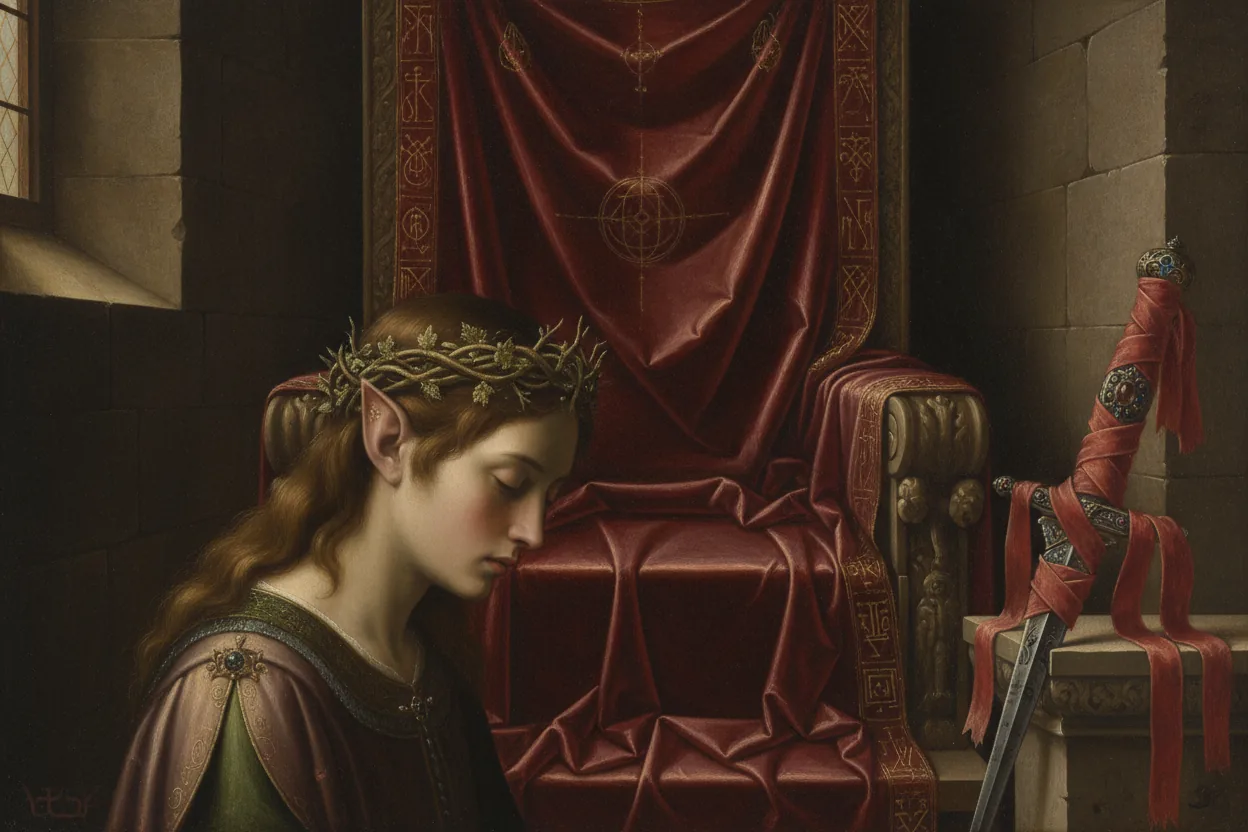 A kneeling fae heir in front of a draped throne, ceremonial dagger on a pedestal, eyes closed.