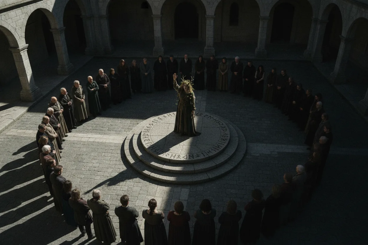 A fae figure stands on a platform in a courtyard, hand raised in renunciation, surrounded by a crowd.
