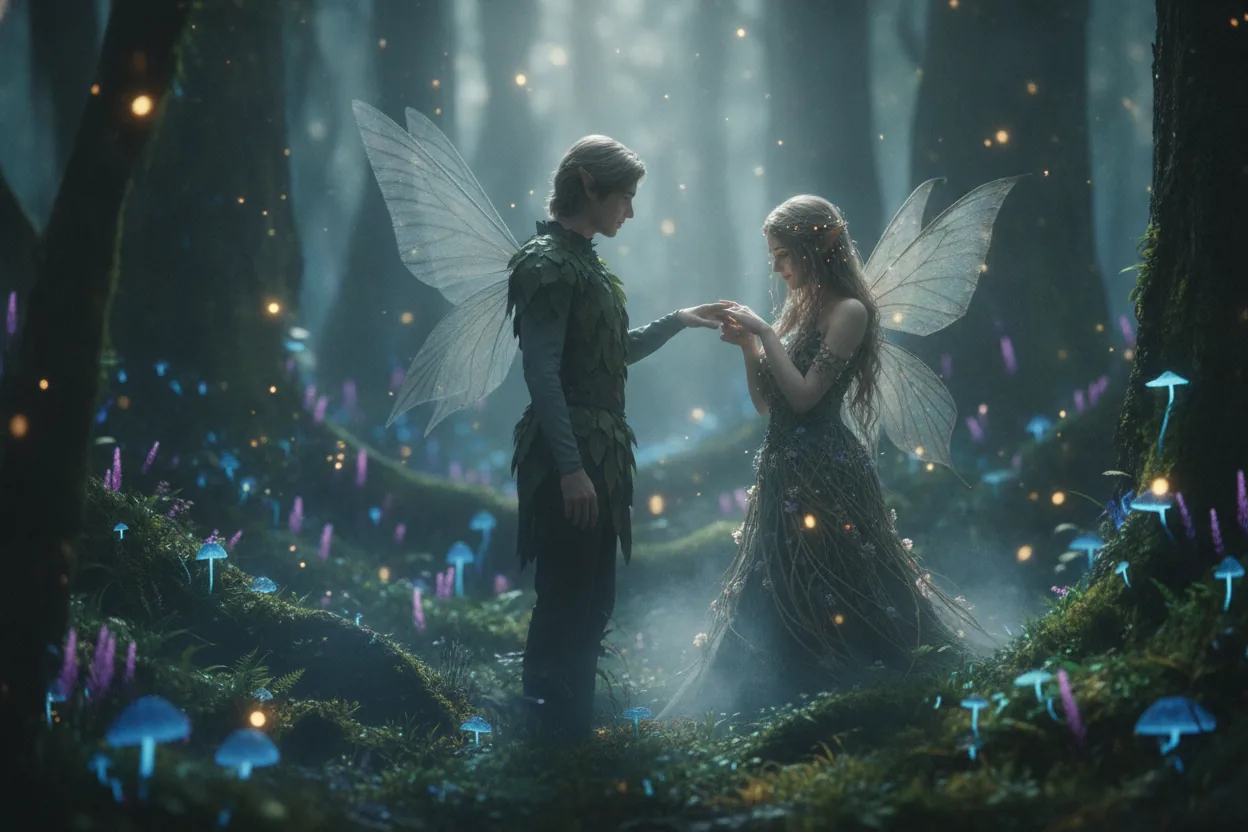An enchanted forest scene with a fae couple, the male gently touching the female's hand amid glowing plants.