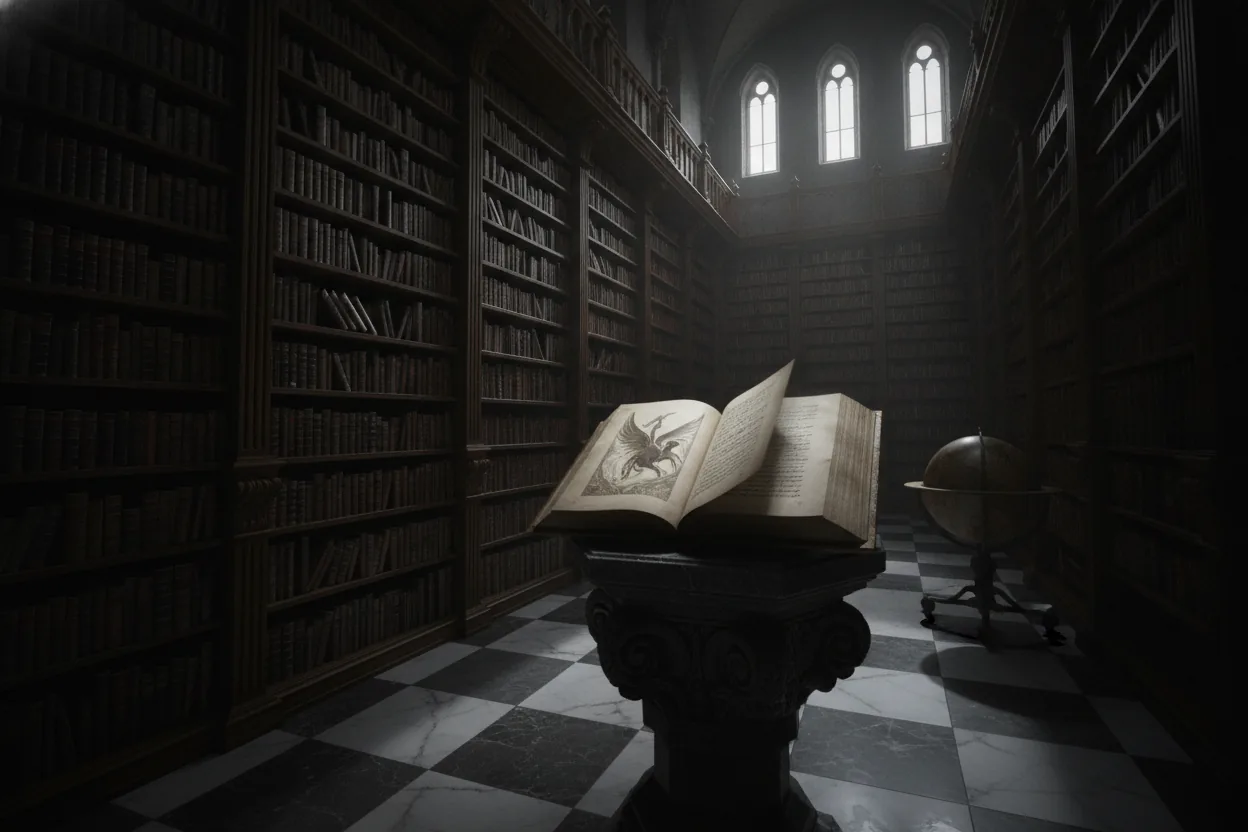 An enormous library with bookshelves, an open book in the foreground, pages turning.