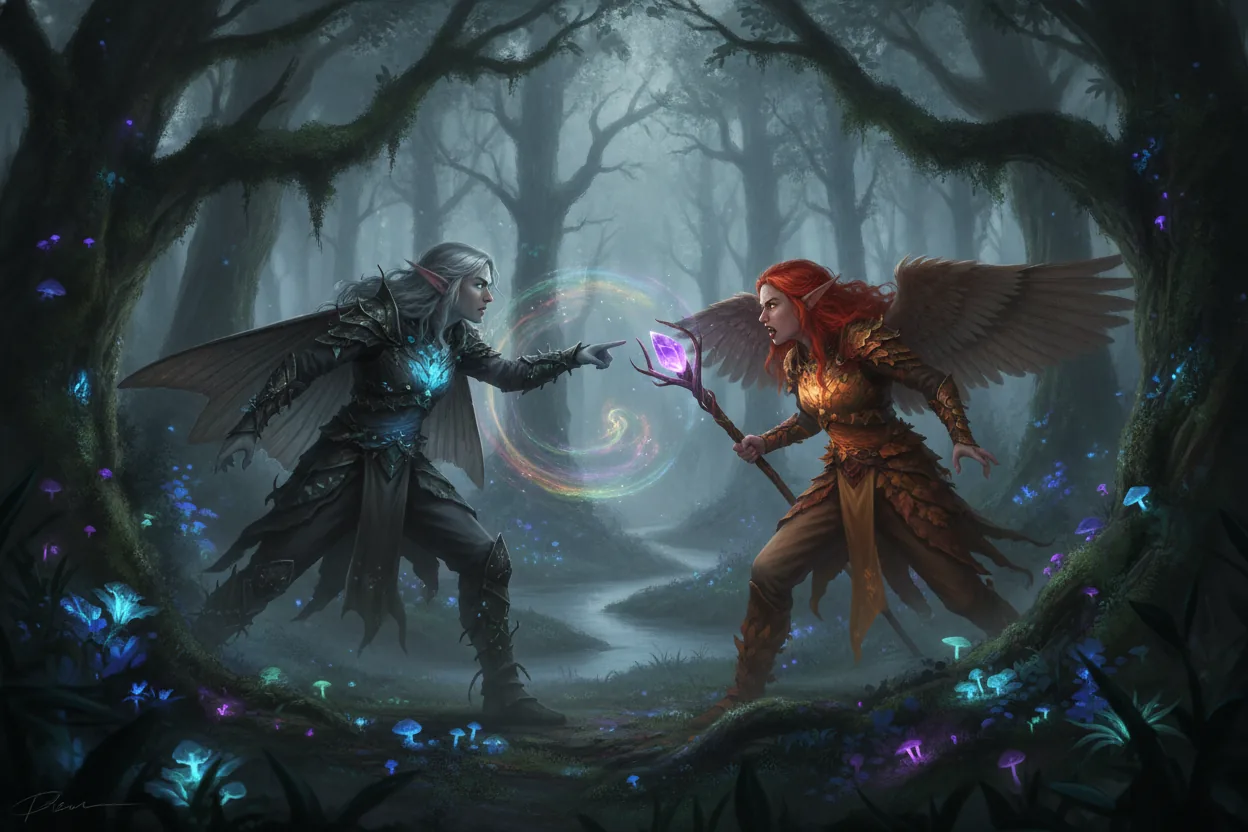 Two fae figures in an enchanted forest, arguing amidst iridescent mist and glowing plants, with dense tree coverage.