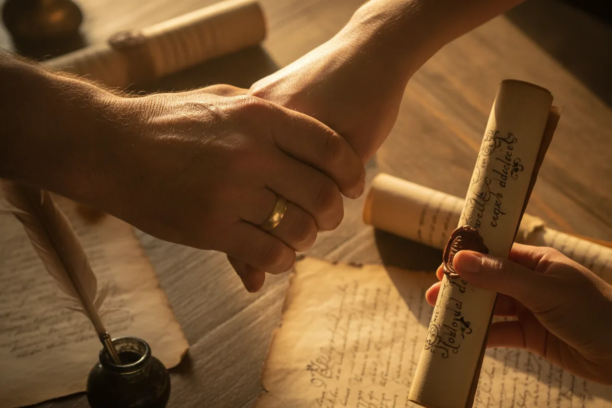 Close-up of two hands meeting over a table with scrolls and a visible wedding ring on one hand.