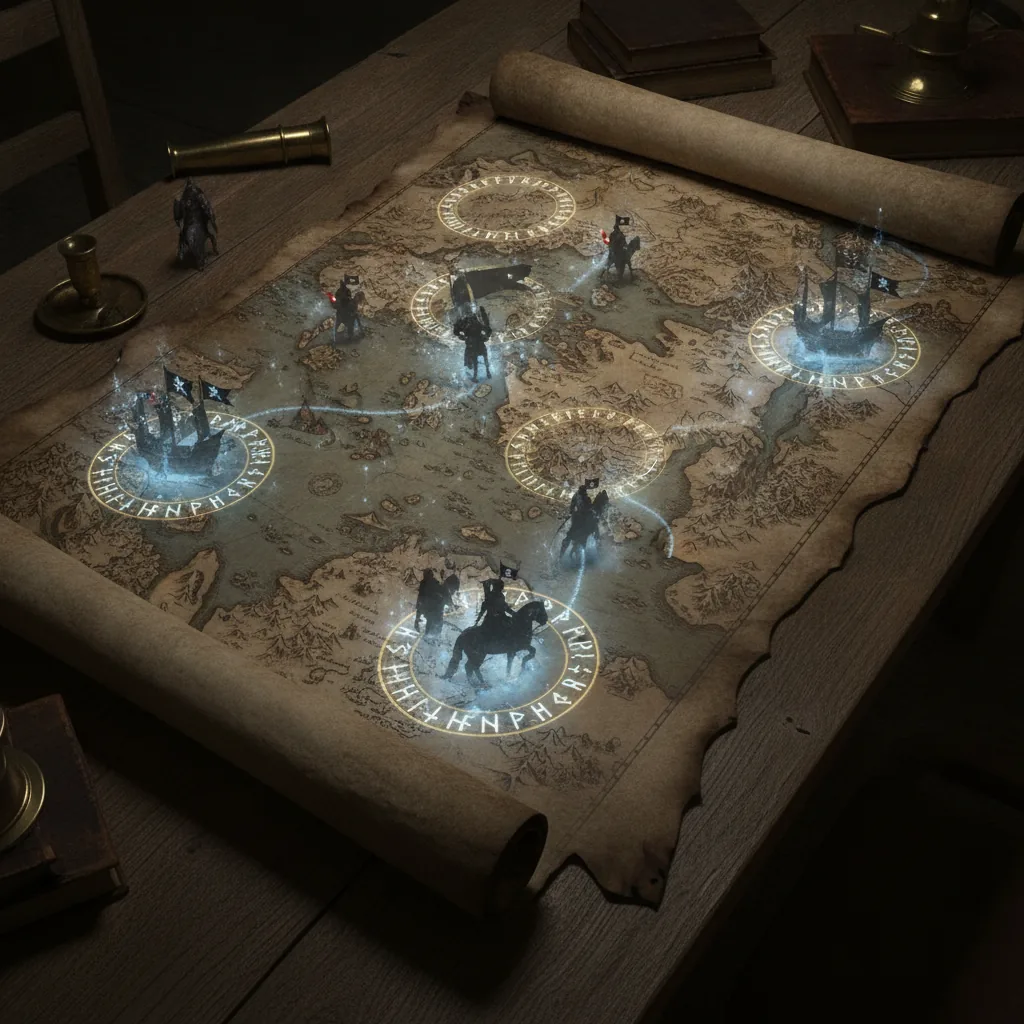 An ancient map on a table, overlaid with projections of Norse runes, pirate ships, and shadowy knights.