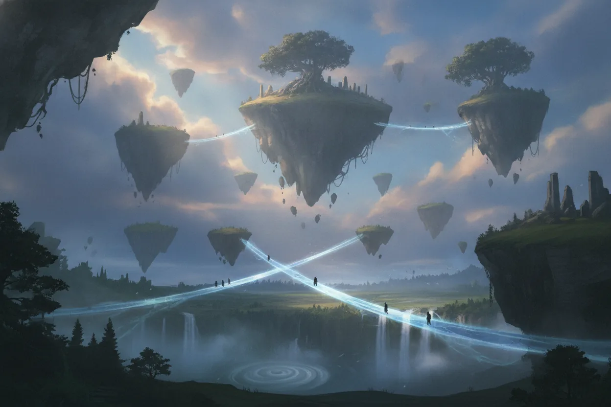 Fantasy landscape with floating islands and light bridges, characters in silhouette.