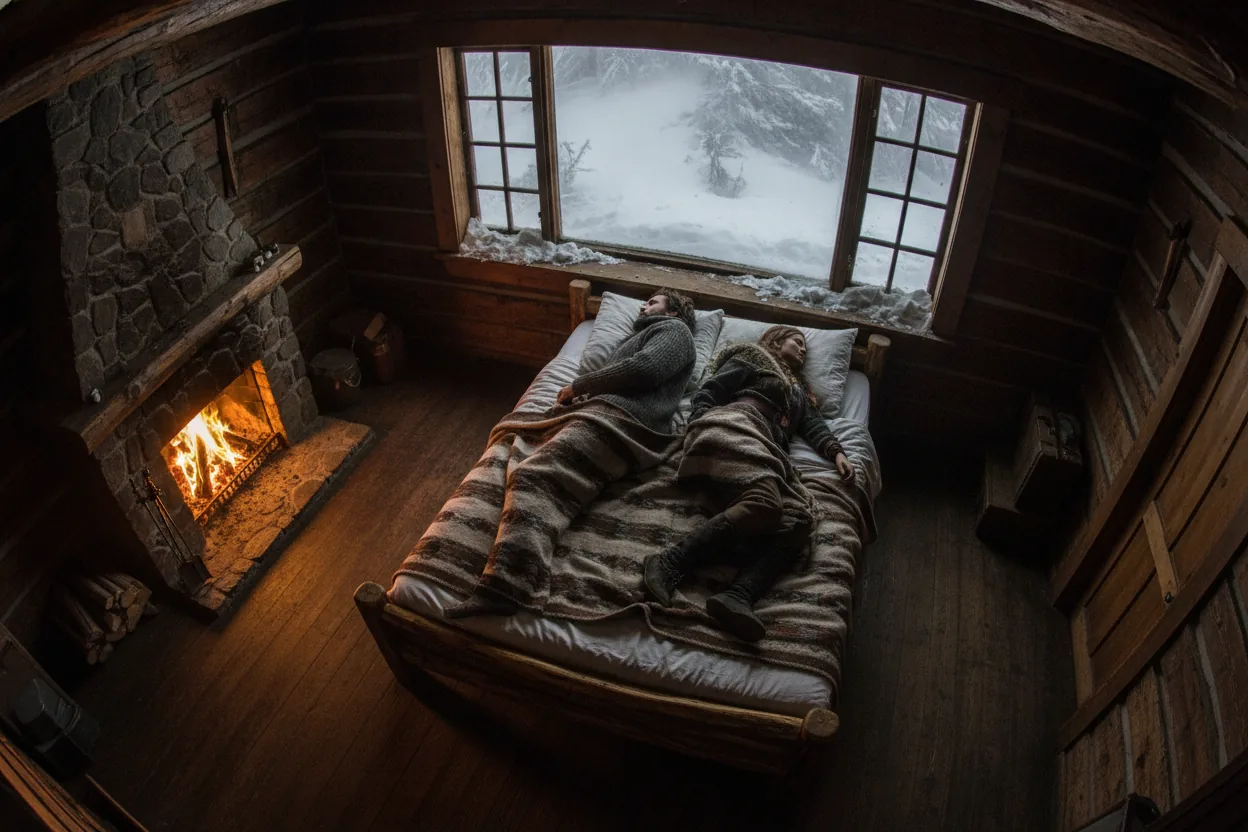 A man and woman lie facing each other on a narrow bed in a cabin, a fire burning and snow visible outside the window.