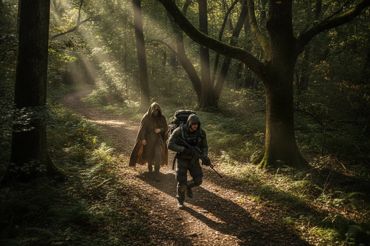 Characters walking on a forest path with sunlight filtering through the trees.