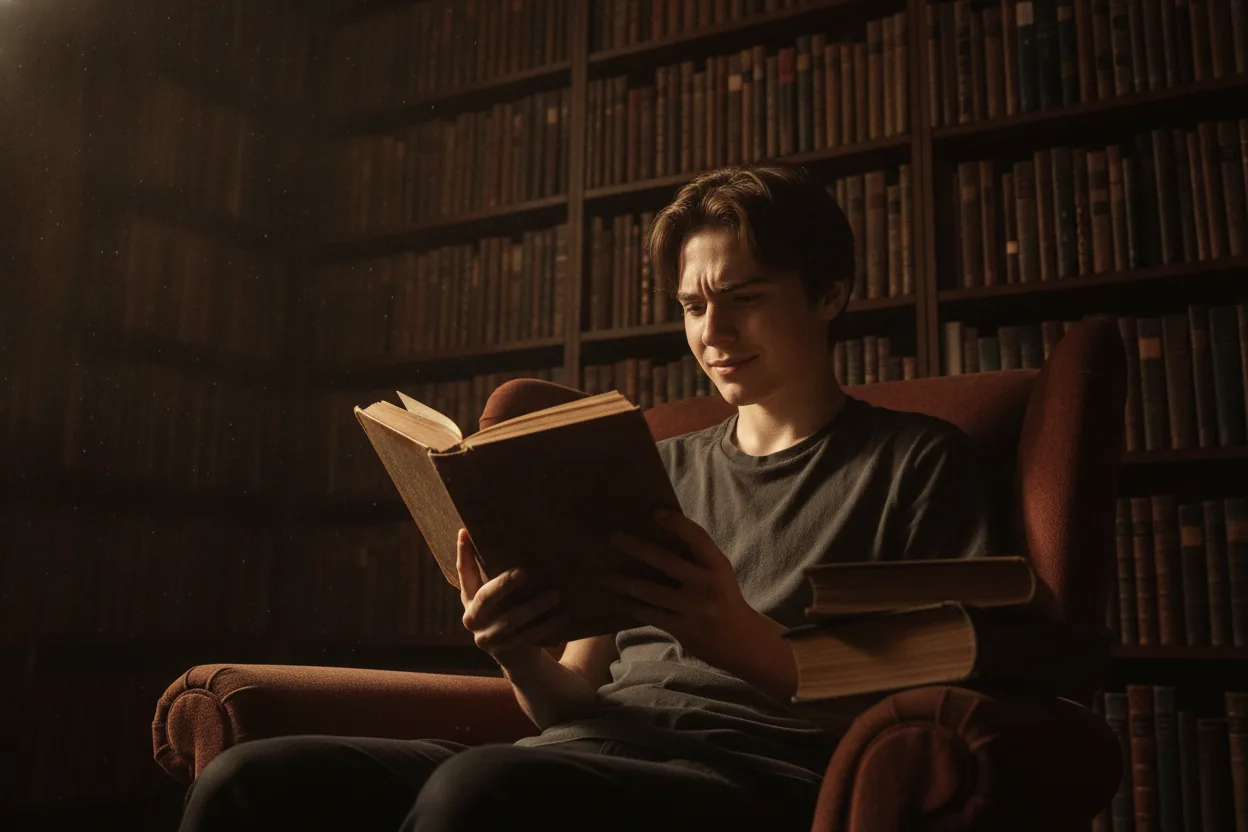 A reader intensely focused on a book, with dust particles visible in the air and a large bookshelf in the background.